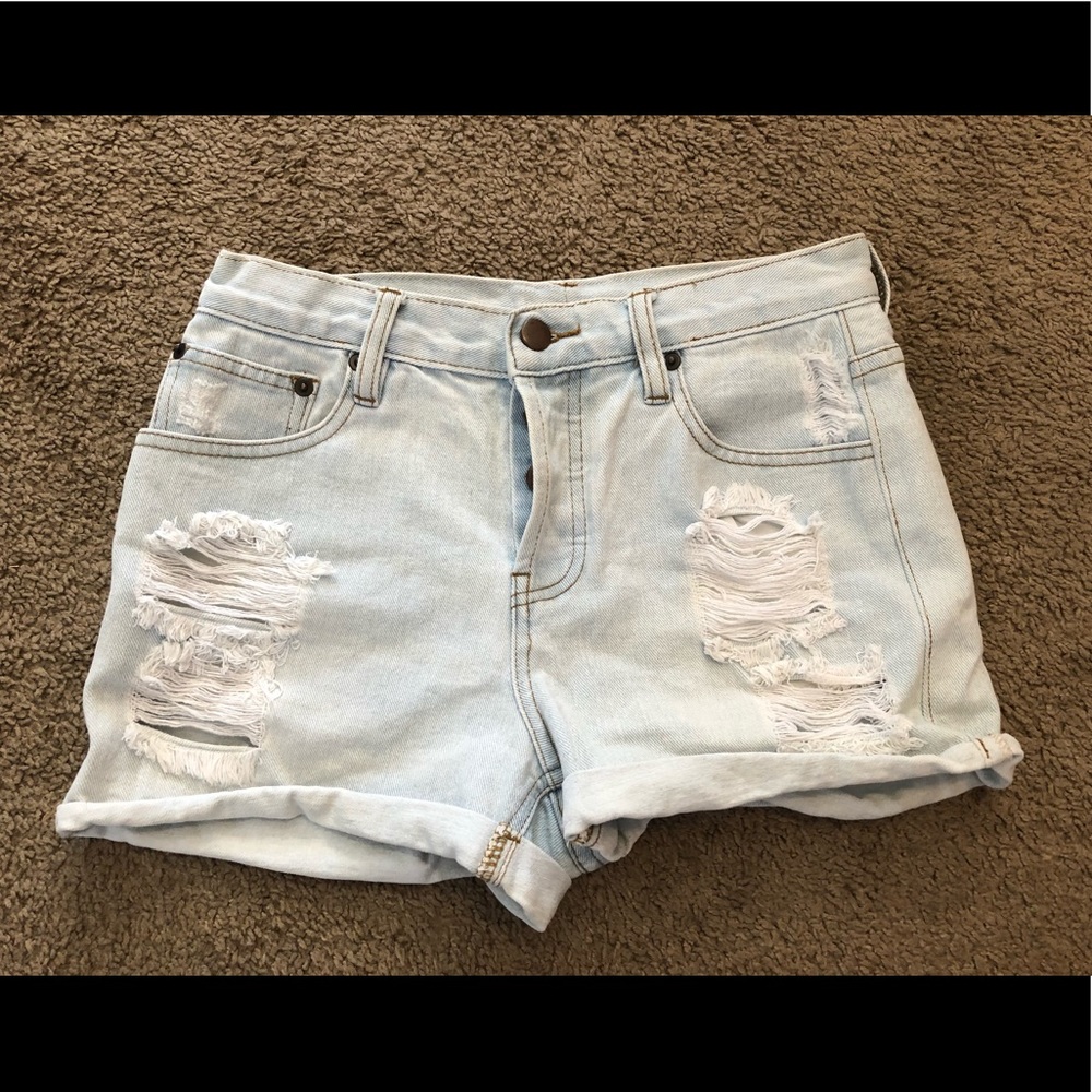 Forever 21 light wash distressed button up shorts